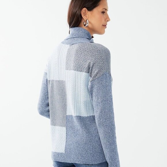 FDJ French Dressing Jeans Patchwork Cable Knit Turtleneck Sweater Blue XL - Picture 6 of 10